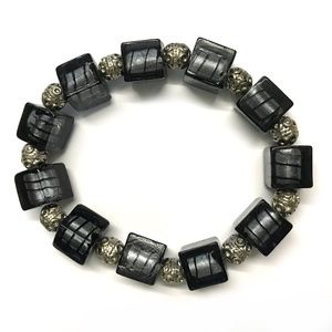 Handmade Vintage Black Glass & Metal Bracelet NWOT